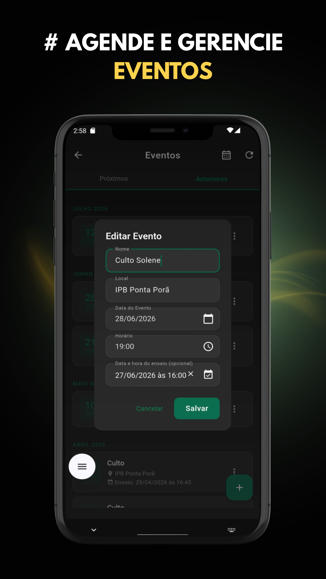 Edição e gerenciamento de eventos no SoliAcorde